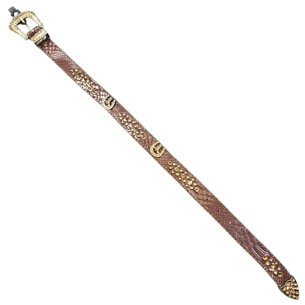 Western Brown Snakeskin Leather Rhinestone Horseshoe Belt Gold Studded CB1006